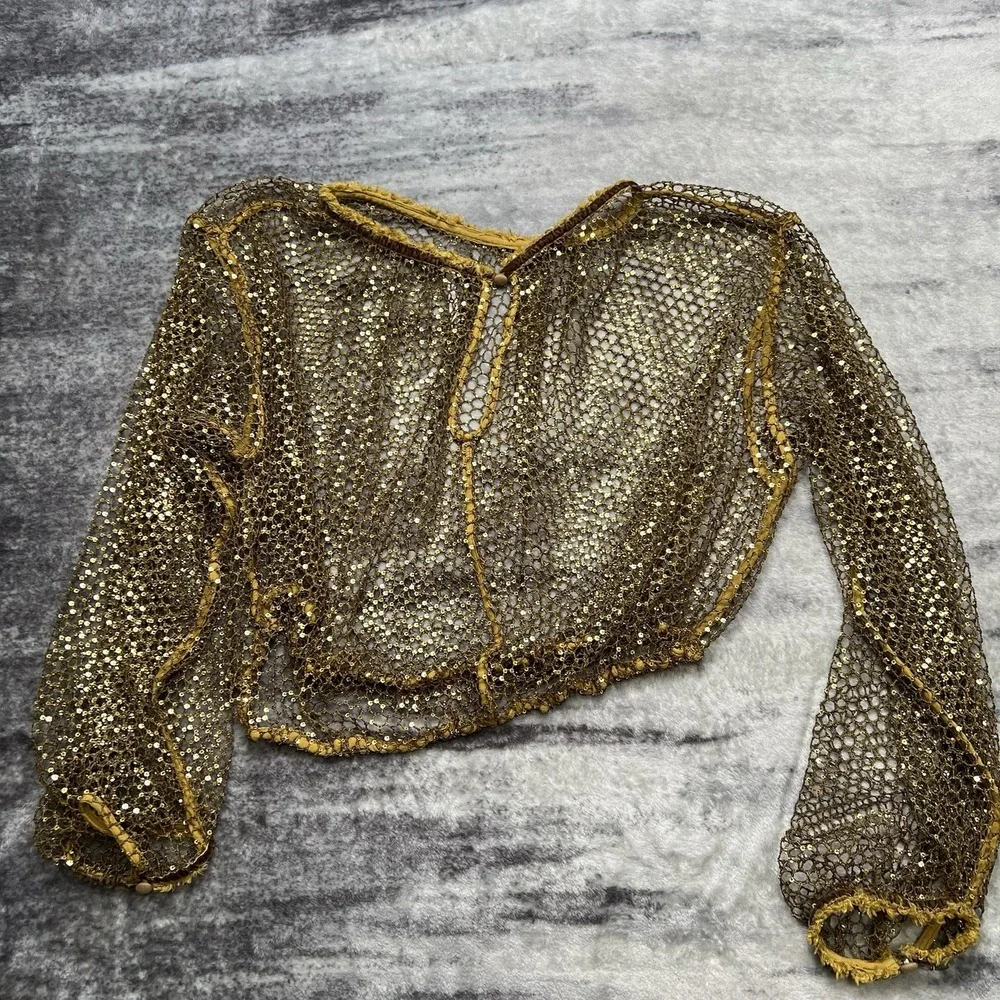 Free People Sparks Fly Women's Sequin Sheer Mesh Net Long Sleeve Blouse Top XS